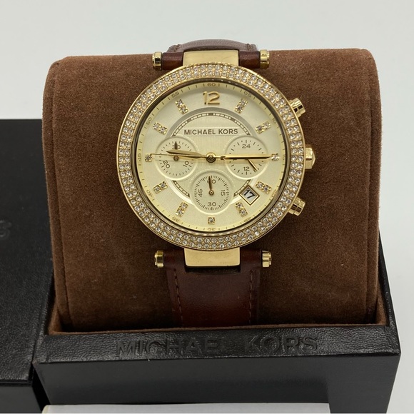 NIB - MICHAEL KORS Watch Gold tone, Brown Leather Strap with Crystals - Picture 8 of 9